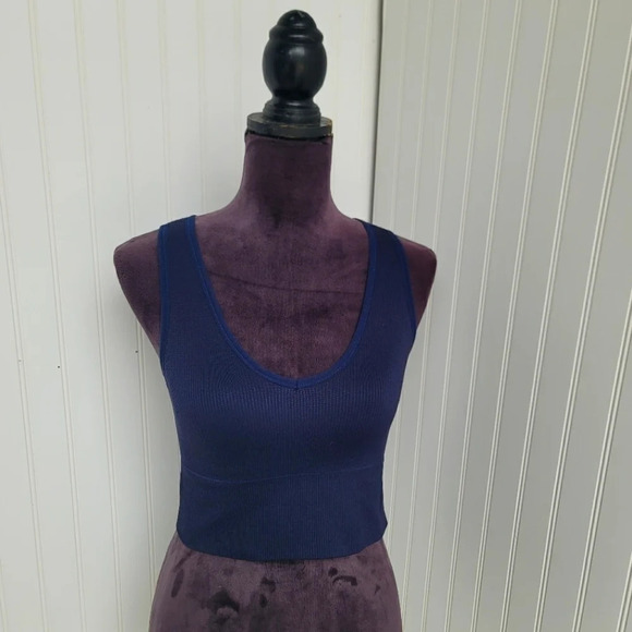 90 Degree Navy Blue Ribbed V Neck Cropped Tank Nylon Stretch Sz S - Picture 1 of 10